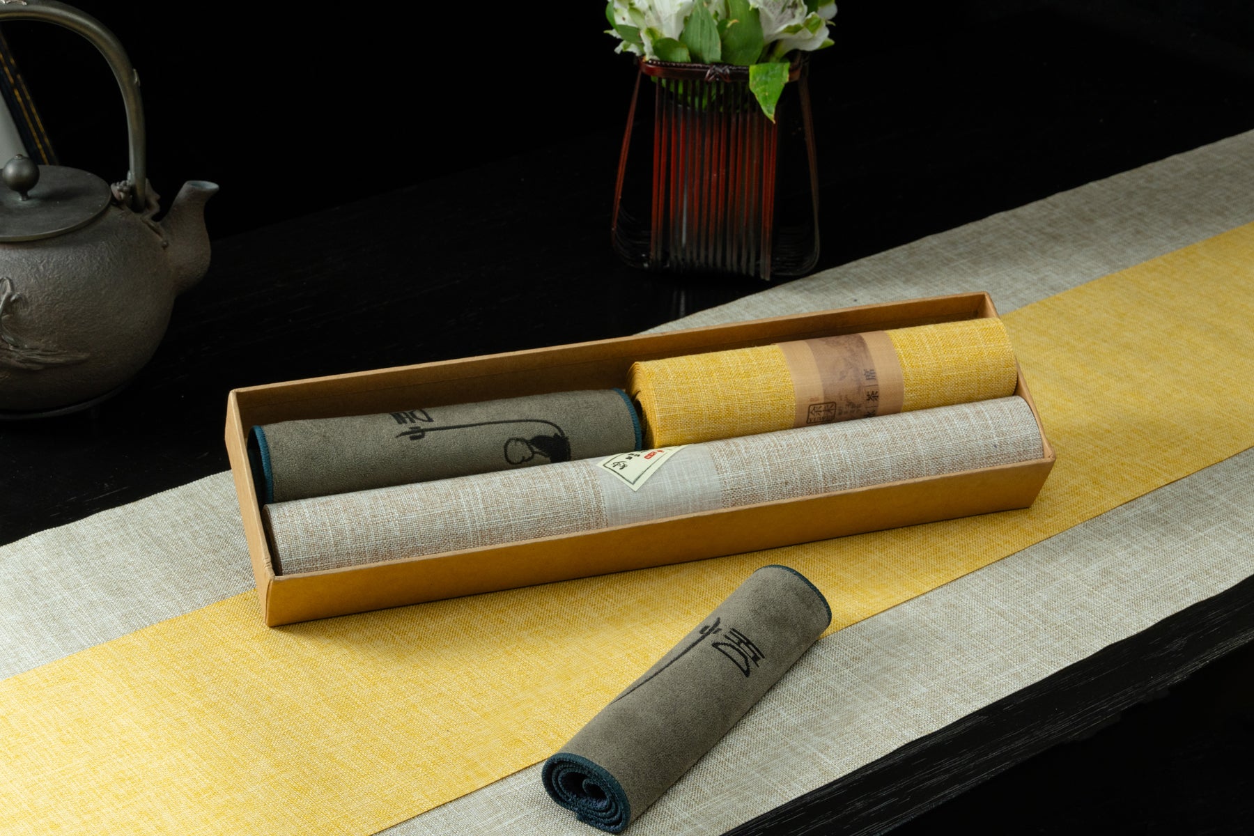 Ceremonial Tea Table Runner Set - Linen (Light Beige with Yellow)