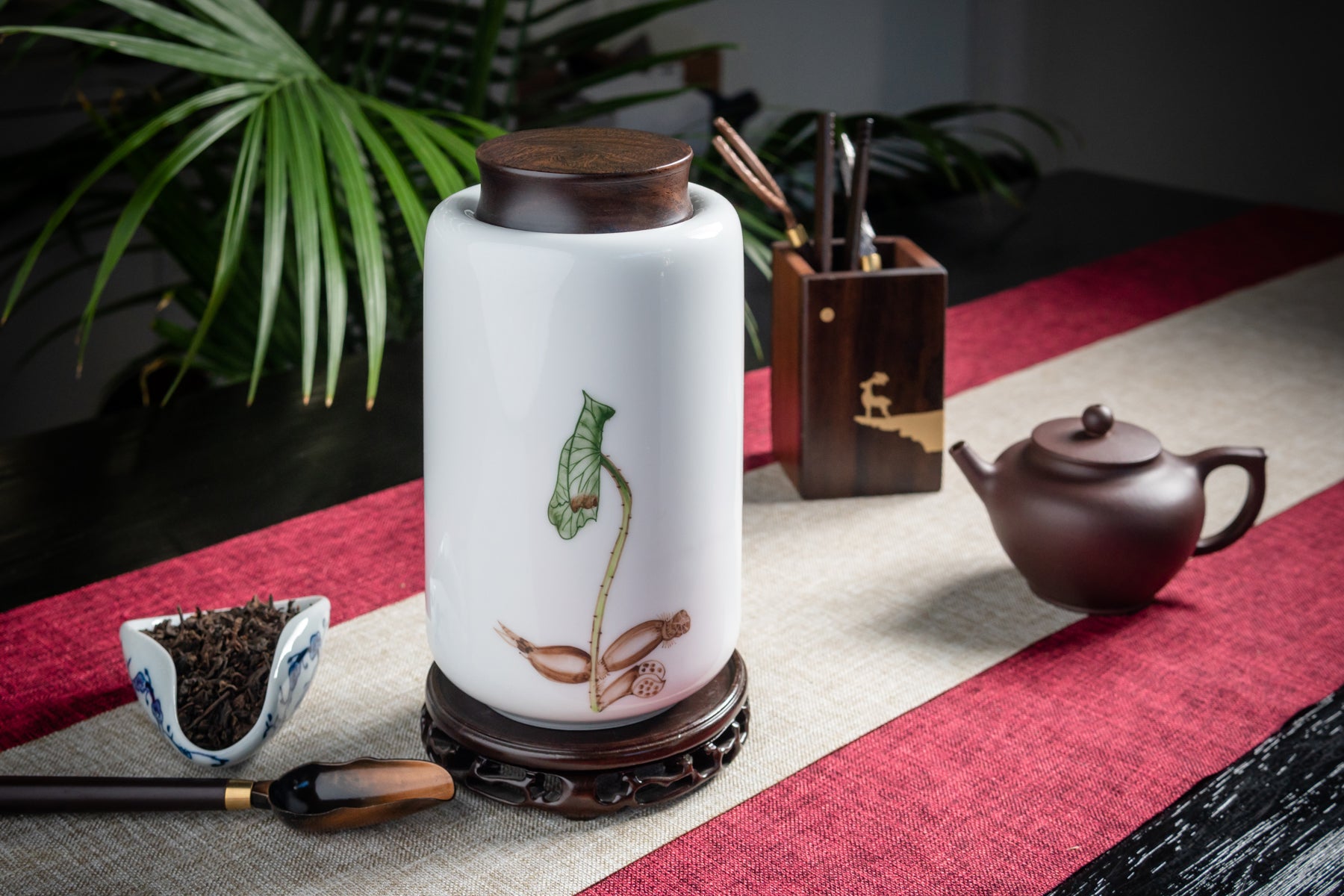 Dancing Lotus Hand Painted Canister (Caddy)