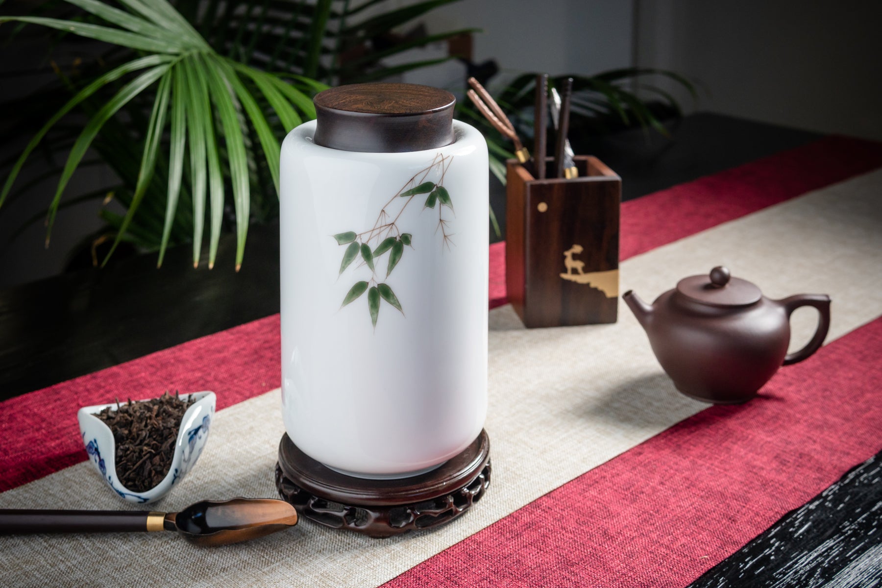 Bamboo Leaves Tall Canister with Rosewood Lid